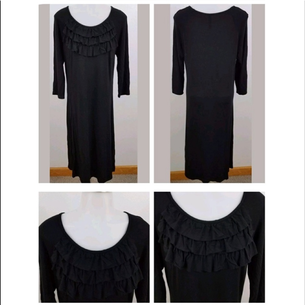 Hanna Andersson black ruffle front midi dress.